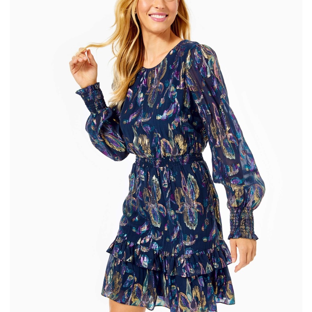 NWT • Lilly Pulitzer • Size 2 • Dotti Ruffled Printed Metallic Silk Dress